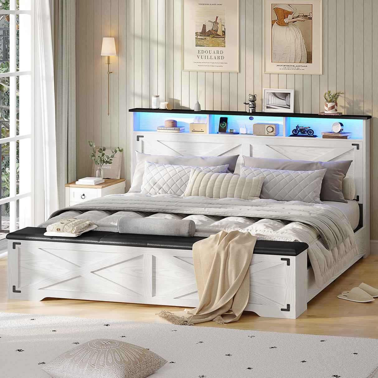 Hasuit Queen Size Bed Frame with Storage Ottoman, Farmhouse Bed Frame with Charging Station and Led Light, Headboard with Storage Rack, Metal Slats, No Noise Design, No Box Spring Needed,Walnut White Hasuit