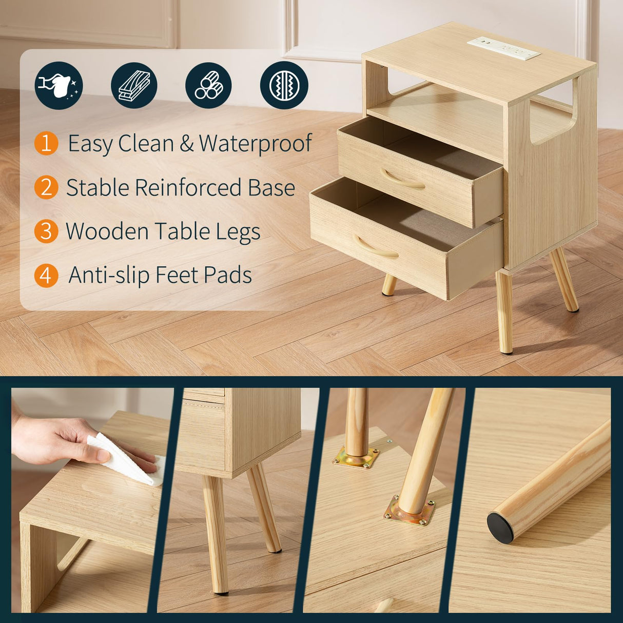 Yoobure LED Night Stand with Charger Station, Mid Century Modern Nightstand with Fabric Drawers, Bedside Table Nightstands with Storage Shelf, Bed Side Table Small Night Stands for Bedroom Living Room Yoobure