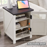 JXQTLINGMU Farmhouse End Table with Charging Station, 18'' Rustic Nightstand with Barn Door & Adjustable Shelf, Wooden Sofa Side Table with 3-Tier Storage for Living Room, Bedroom, White JXQTLINGMU