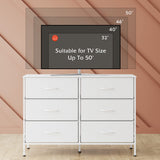 WLIVE Wide Dresser with 6 Drawers, TV Stand for 50" TV, Entertainment Center with Metal Frame, Wooden Top, Fabric Storage Dresser for Bedroom, Hallway, Entryway, White WLIVE