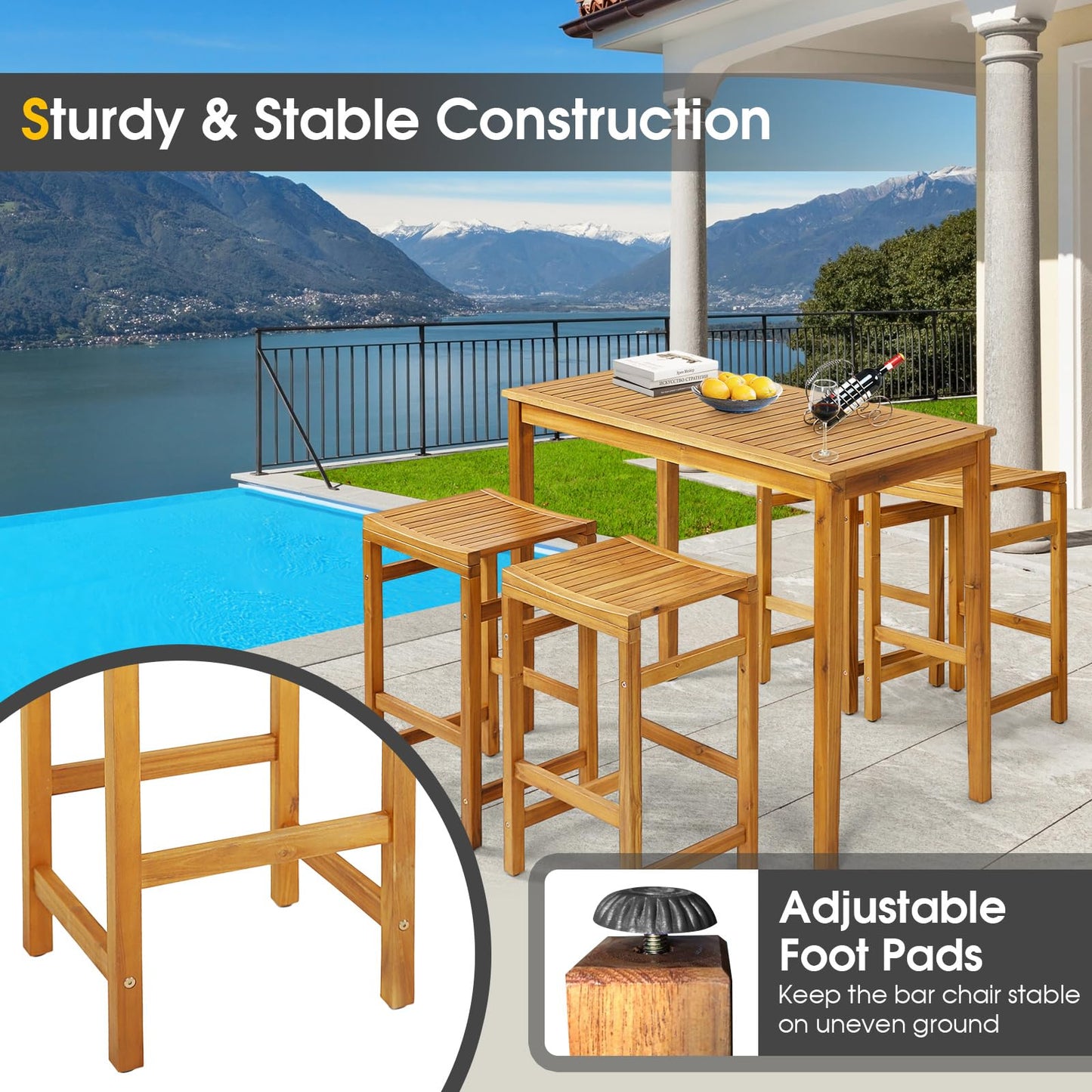 Tangkula 5-Piece Outdoor Acacia Wood Bar Set with High Top Table and Saddle Seat Stools