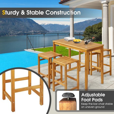 Tangkula 5-Piece Outdoor Acacia Wood Bar Set with High Top Table and Saddle Seat Stools Tangkula