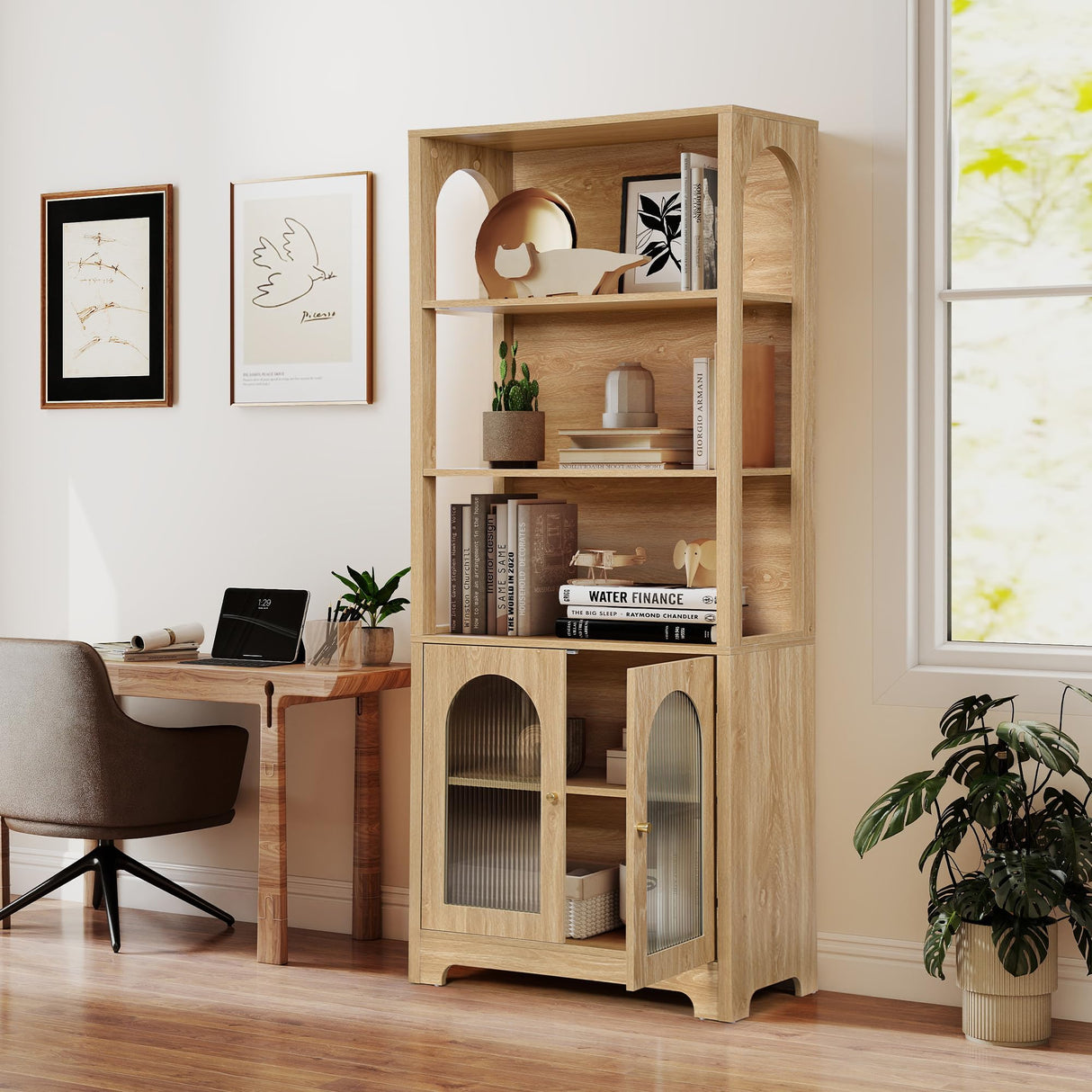 RARZOE Set of 2 Bookshelves and Bookcases, 5-Tier Arched Bookshelf with Glass Doors, Floor Standing 5 Shelf Book case, Wood Display Cabinet Storage Organizer for Living Room, Bedroom, Office(Natural) RARZOE