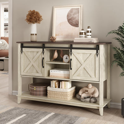 Vabches Entryway Table with 2 Sliding Barn Doors, 46" Farmhouse Console Table with Adjustable Storage Shelf, Sofa Table for Entryway, Hallway, Living Room, Metal Corner Trim & Handles, Rustic White