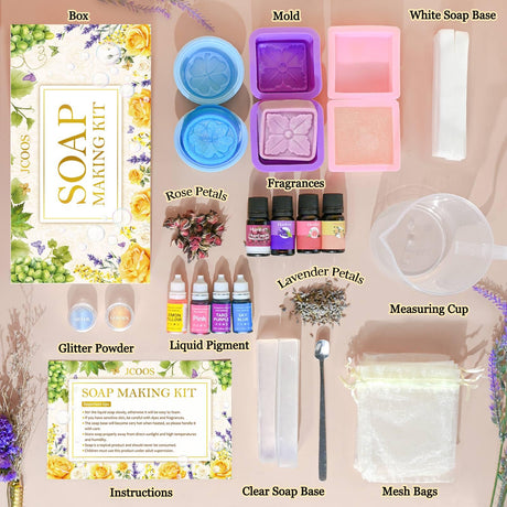 Soap Making Kit, JCOOS Soap Making Kit for Adults and Kids, Soap Making Supplies - Melt and Pour Soap Base, Soap Mold, Soap Colorant, Fragrances, Dried Flowers, Glitter, Kids Craft Diy Kits for Adults Jcoos