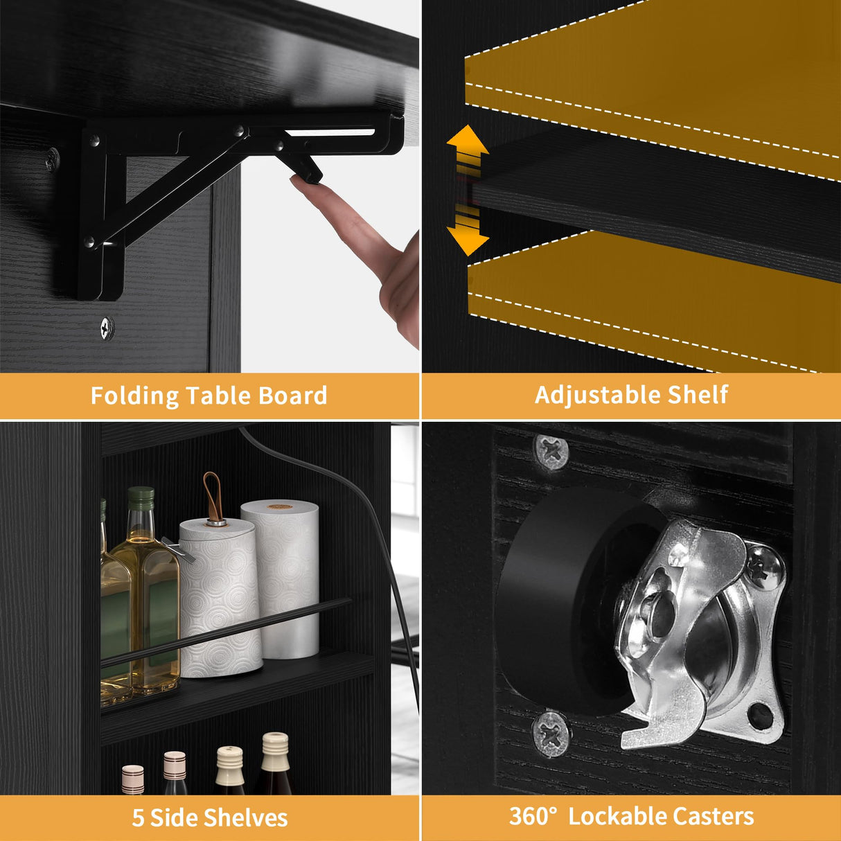 DWVO Kitchen Island w Stainless Steel Top Drop Leaf Bar Seating Power Outlet, 47" Portable Rolling Mobile Center Islands w Folding Dropleaf Storage Drawer Cabinet Wheel Counter Height Metal Top, Black DWVO