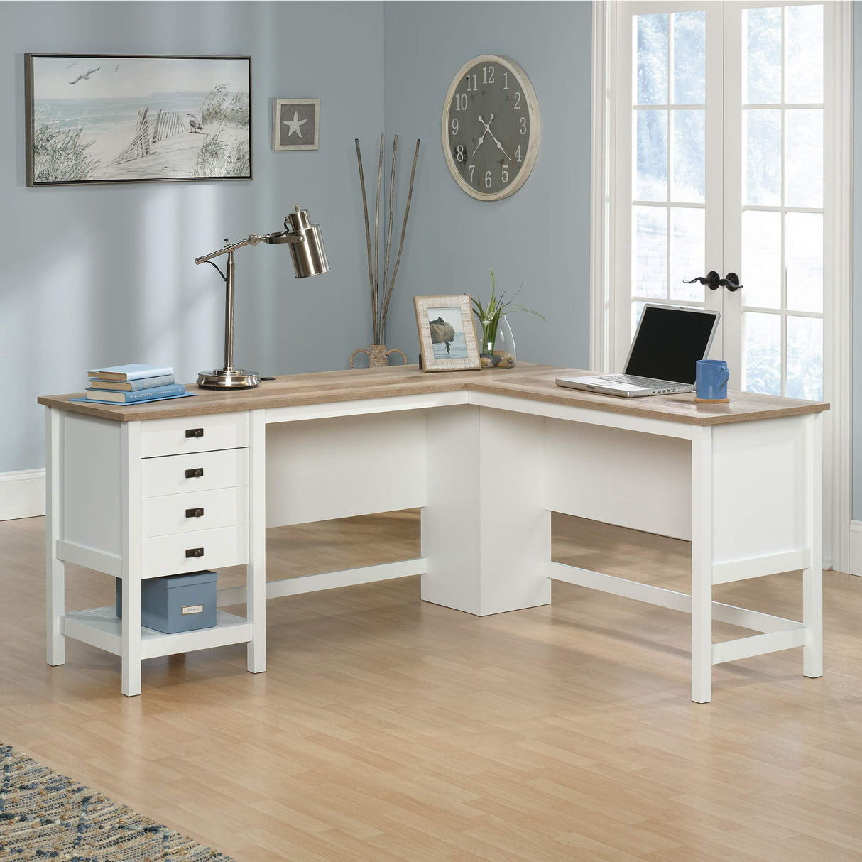 Sauder Cottage Road L-Desk, L: 65.12" x W: 58.66" x H: 29.76", Soft White Finish Sauder