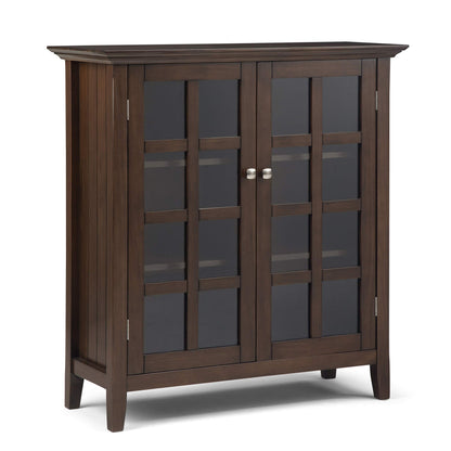 SIMPLIHOME Acadian SOLID WOOD 39 inch Wide Transitional Medium Storage Cabinet in Natural Aged Brown, with 2 Tempered Glass Doors, 4 Adjustable Shelves - WoodArtSupply