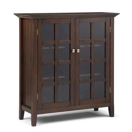 SIMPLIHOME Acadian SOLID WOOD 39 inch Wide Transitional Medium Storage Cabinet in Natural Aged Brown, with 2 Tempered Glass Doors, 4 Adjustable Shelves SIMPLIHOME