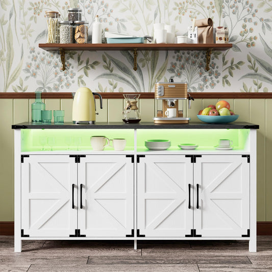 ONG Sideboard with Lihgts Farmhouse Buffet Cabinet 61'' Large Kitchen Storage Cabinet LED Buffet Cabinet with Storage Coffee Bar for Dinning Room, Kitchen, Hallway, and Living Room, White - WoodArtSupply