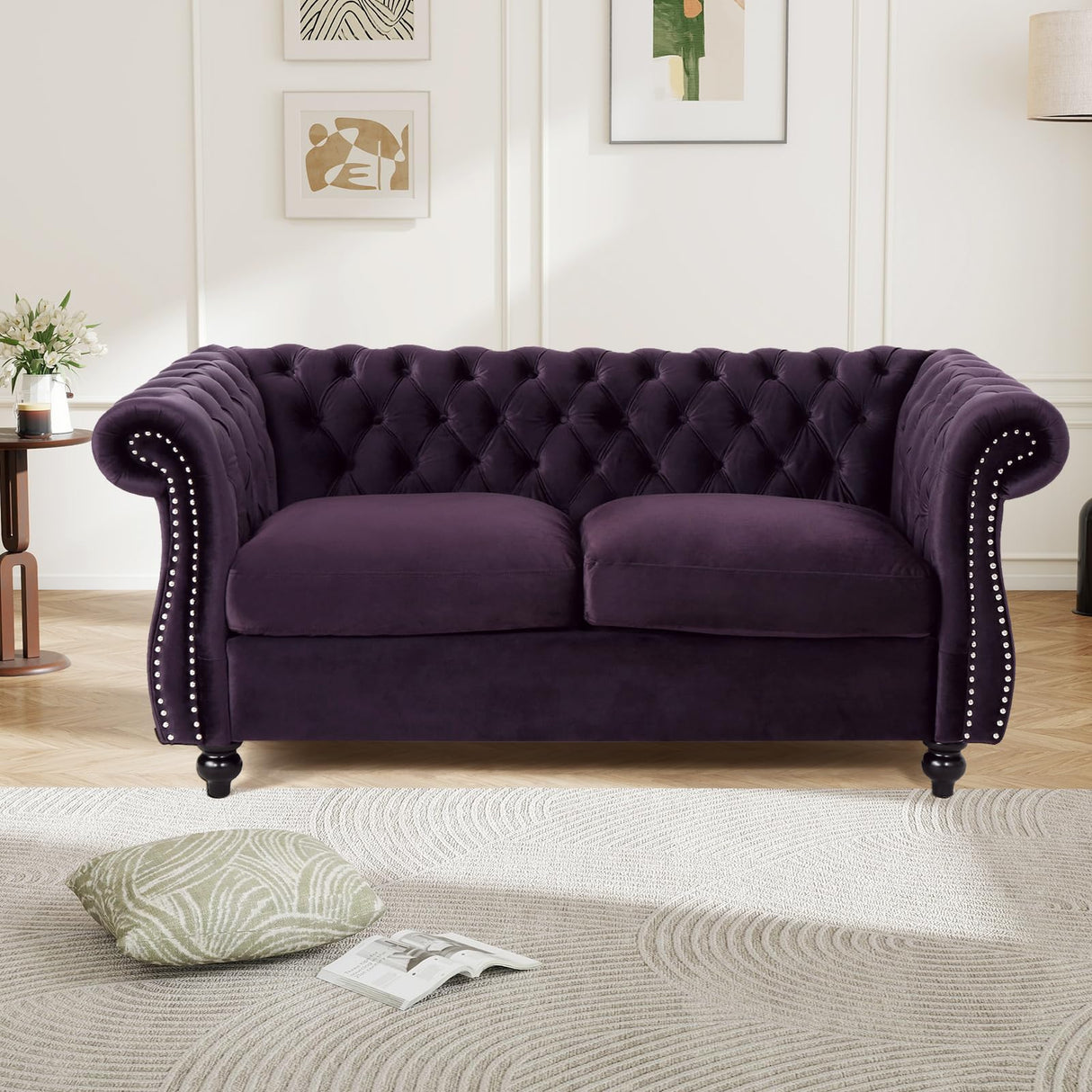61"W Mid Century Modern Chesterfield Couch,Upholstered Velvet Loveseat Sofa with Button Tufted & Rolled Armrests,Comfy Deep Seat Sofa with Nailhead Trim & Gourd Legs for Living Room,Apartment(Purple) JEEOHEY