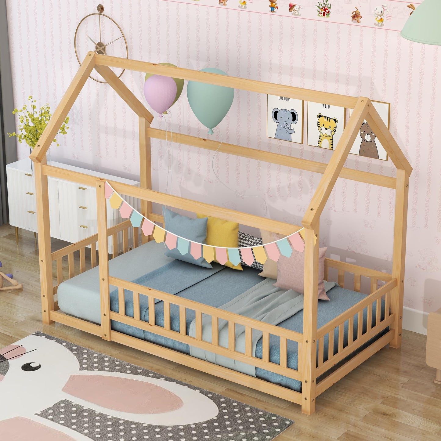 Bellemave Wooden Montessori Twin Size House Bed with Fence and Roof for Kids - Playhouse Frame in Natural Finish - WoodArtSupply