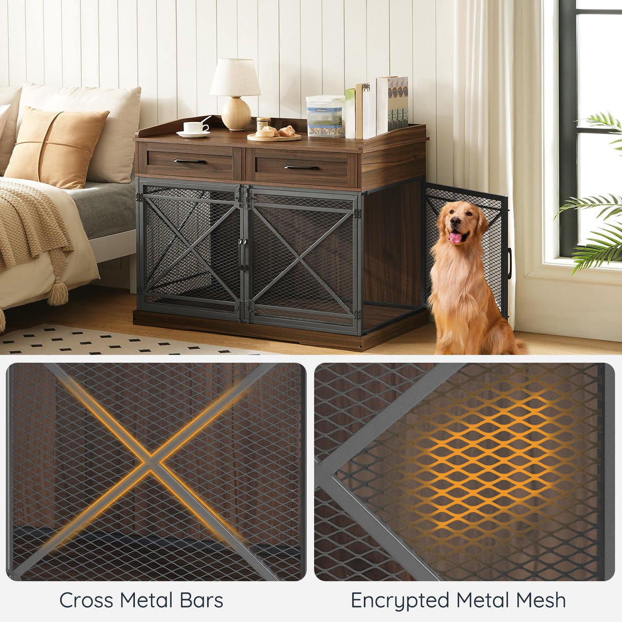 HOOBRO 43.3” Dog Crate Furniture, XL Heavy Duty Dog Kennel with Drawers, Wooden Crate Indoor Side End Table for Medium to Large Dogs, Triple Door Design, Walnut and Black HOOBRO