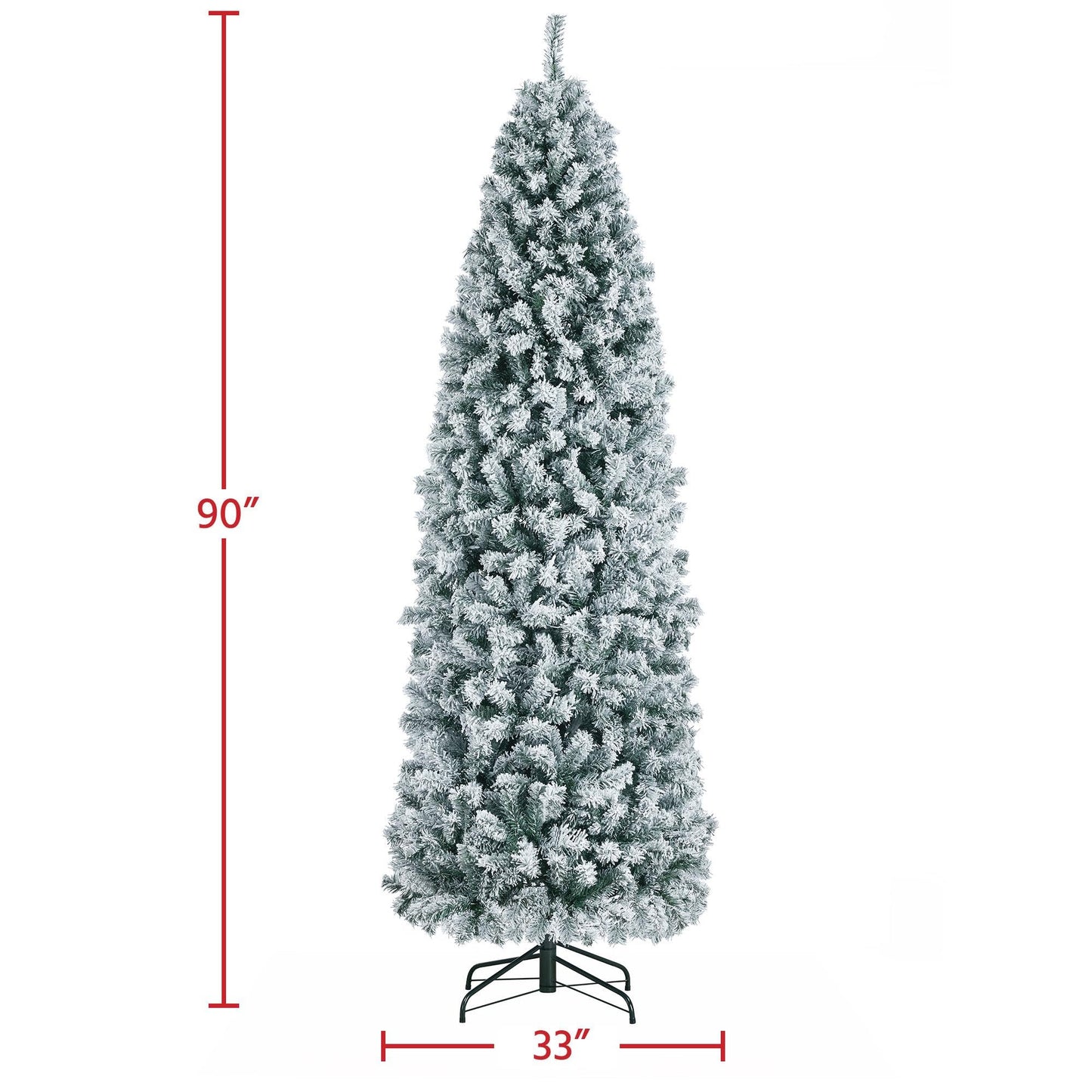 Yaheetech 7.5ft Pre-lit Snow Flocked Pencil Christmas Tree Kingswood Fir Hinged Slim Skinny Corner Xmas Tree with 350 Incandescent Warm White Lights & 1086 Snow Branch Tips, White