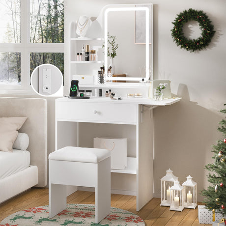 Haewon White Small Vanity Desk Set with Mirror and Lights, Mini Makup Table with Chargin Station and Storage Chair for Compact Space Bedroom Haewon