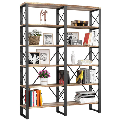 IRONCK Bookshelves Double Wide 6-Tier 76" H, Open Large Bookcase, Industrial Style Shelves for Home Office, Easy Assembly IRONCK