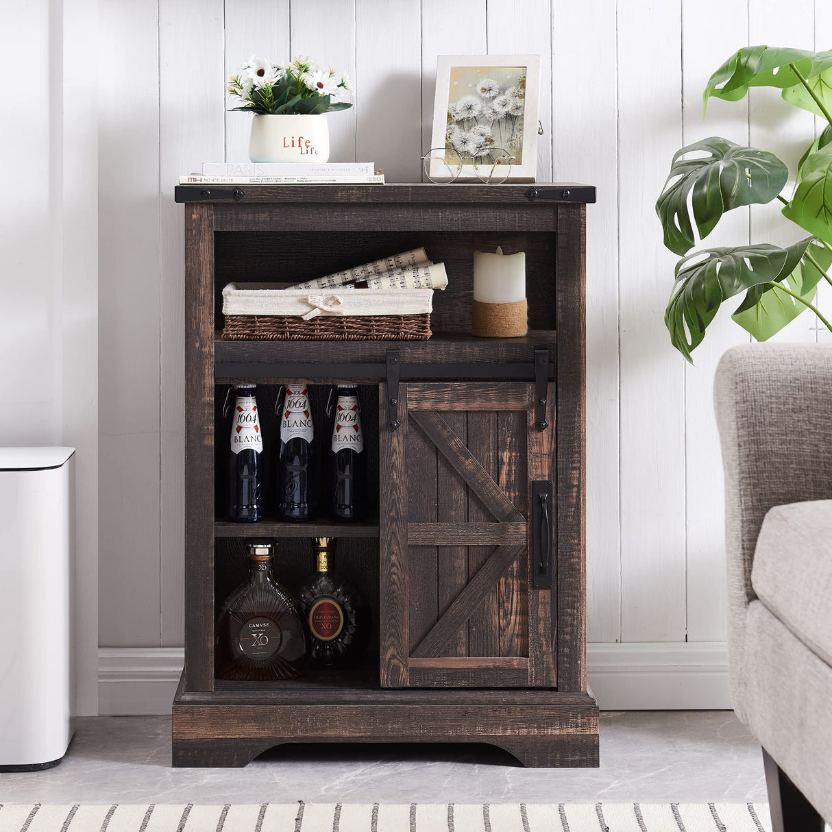 OKD Bathroom Floor Cabinet, Farmhouse Storage Cabinet with Sliding Barn Door & Storage Drawers, Small Storage Cabinet for Bathroom, Kitchen, Living Room, Dark Rustic Oak OKD