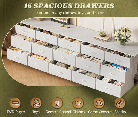 Huuger 78.7 inch Long Dresser for Bedroom, 15 Drawer Fabric Dresser for Closet, Large TV Stand for 65, 75, 85 inch TV, Wide Chest of Drawer with Storage, 78.7" W x 12.9" D x 26.7" H, White Huuger