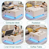 Storage Ottoman Coffee Table,Square Ottoman with Storage & Charging Station and LED Lights,Velvet Buttons Large Ottoman Coffee Table with Lift Top & Solid Wood Legs for Living Room Bedroom (Beige) busyaeh