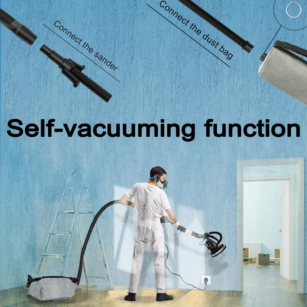 Drywall Sander with Vacuum, IMQUALI® 9.5A 1050W Electric Sander Tool with Variable Speed 600-2600RPM, Popcorn Ceiling Removal Tool with Extendable Handle, LED Light, 12pcs Sanding Discs, Black, IMQ919 IMQUALI