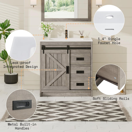 AMERLIFE Farmhouse Bathroom Vanity with Sink Combo, 31in Sliding Barn Door Bathroom Vanity Cabinet Set with Storage Drawers, Metal Handles, Small Single Bath Storage Vanity Sink, Light Grey AMERLIFE