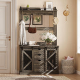 FinerFurnis 77 Inch Farmhouse Hall Tree Bench with 2 Mirrors, Shoe Storage, Coat Rack, Sliding Barn Doors, Wooden Entryway Organizer Furniture for Apartments, Mudroom, Deep Oak FinerFurnis