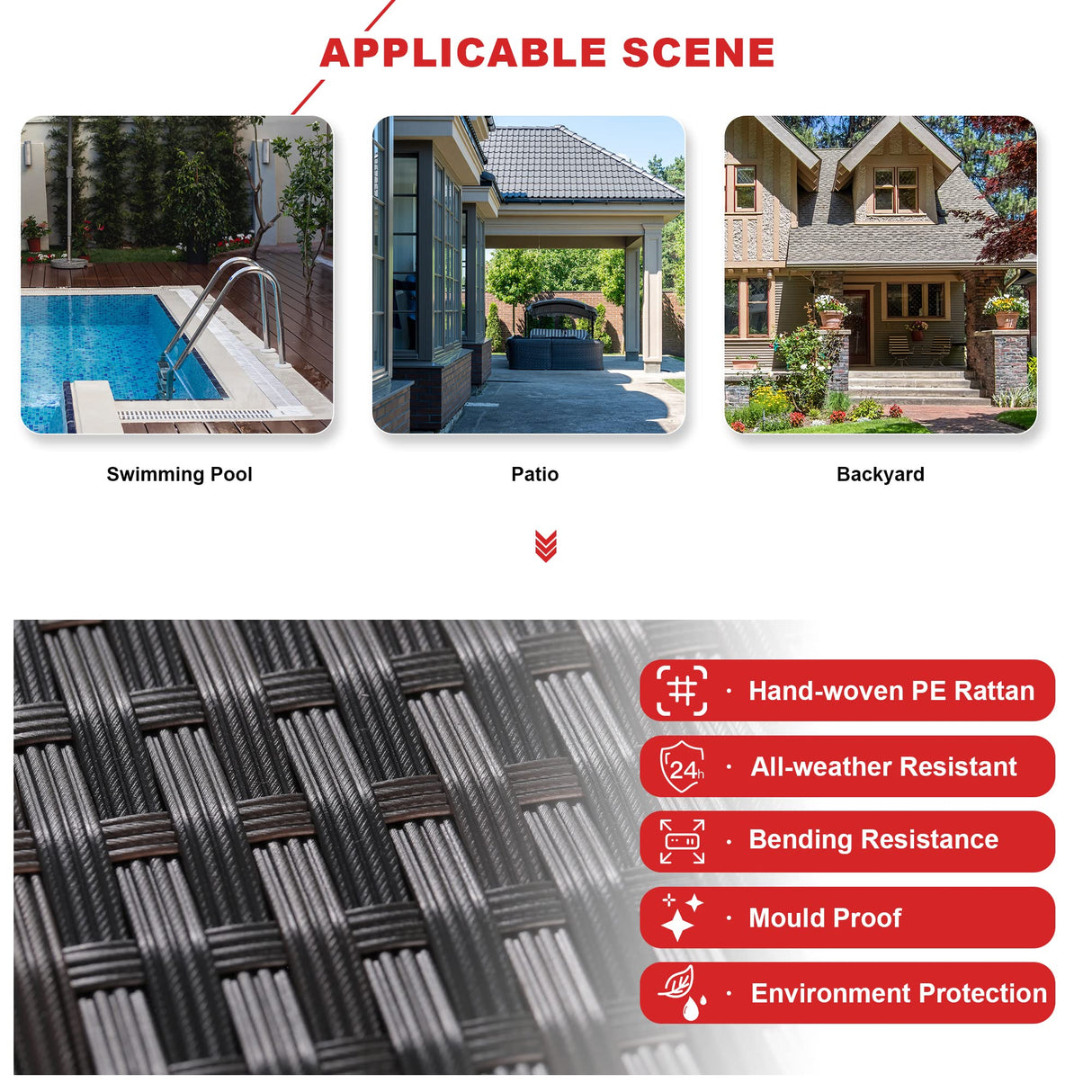 Kullavik 7 Pieces Outdoor Patio Furniture Set,Sectional Rattan Sofa Set Brown PE Rattan Wicker Patio Conversation Set with Tempered Glass Coffee Table and Washable Cushions Covers,Red Kullavik