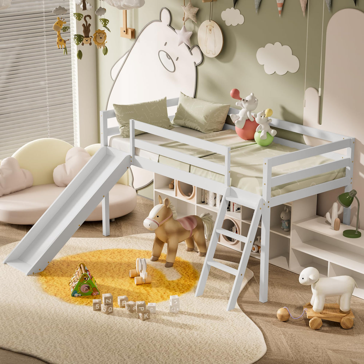 TOLEAD Low Loft Bed with Slide, Wood Twin Loft Bed Frame with Climbing Ladder & Storage Space for Kids Toddler (White) TOLEAD