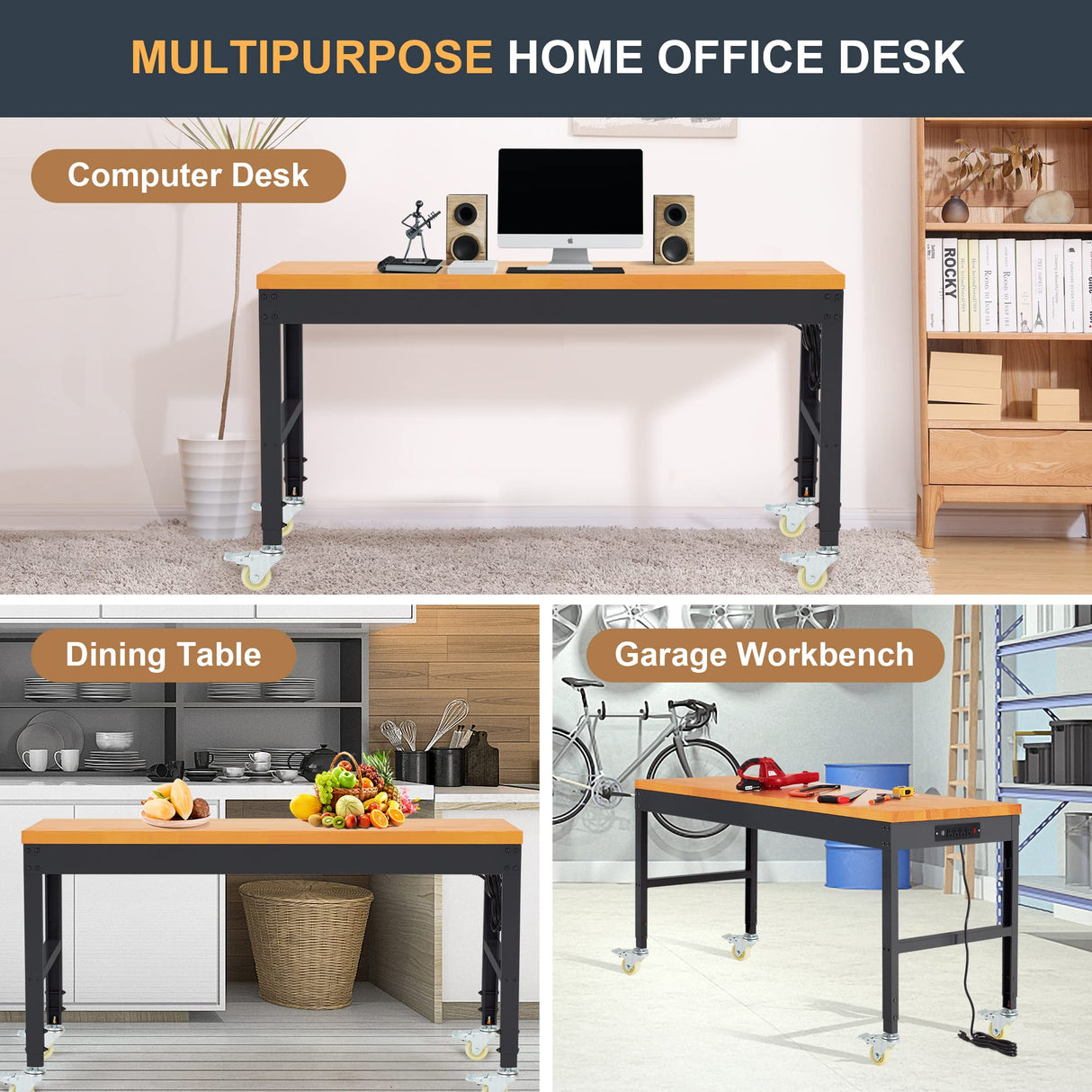 AHB 60" Rolling Workbench Adjustable Height, Oak Wood Work Table with Power Outlets, Max 2000 LBS, Heavy Duty Work Bench for Garage Office Home, with Wheels & Feet(Black 60"x 22") AHB