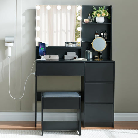 Alaxgumrol Black Vanity Desk with Mirror and Lights- Makeup Vanity Table Set with Power Outlet, 4 Drawers and Stool, Small Makeup Table with 3 Lighting Color Adjustable for Bedroom Alaxgumrol