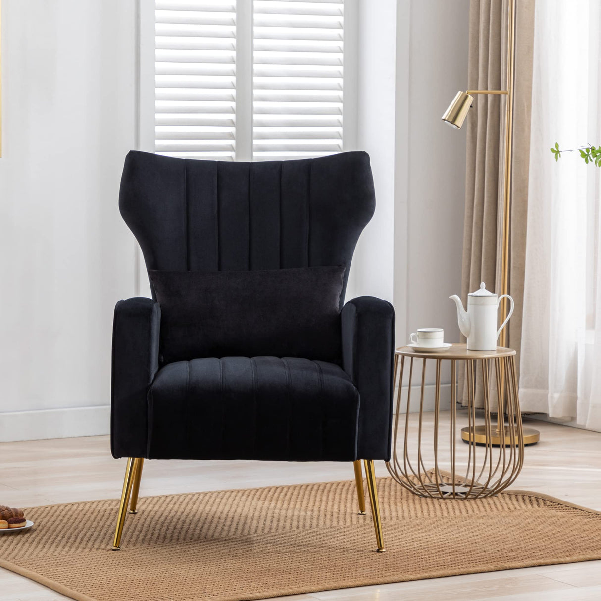 chairus Wingback Velvet Accent Chair, Modern Living Room Armchair Comfy Upholstered Single Sofa Chair for Bedroom Dorms Reading Reception Room with Gold Legs & Small Pillow, Black chairus
