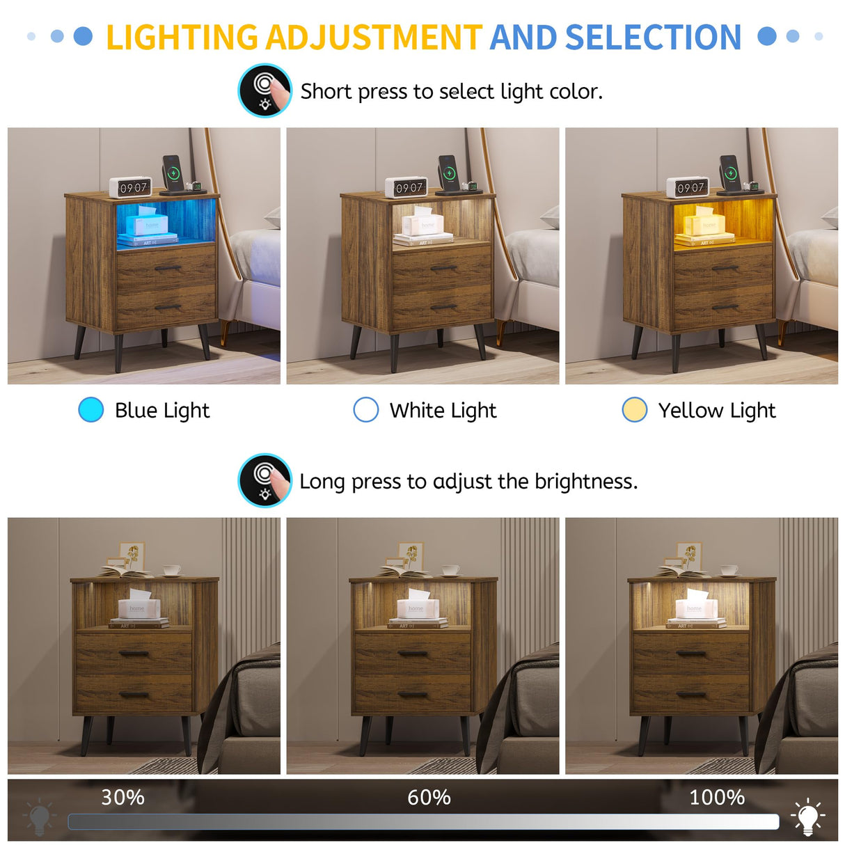 LVSOMT LED Nightstand with 3 Colors Dimmable Light, Bedroom Night Stand with Charging Station, Modern Smart Bed Side Table with 2 Drawers, Metal Legs, End Table for Living Room, Rustic Brown LVSOMT