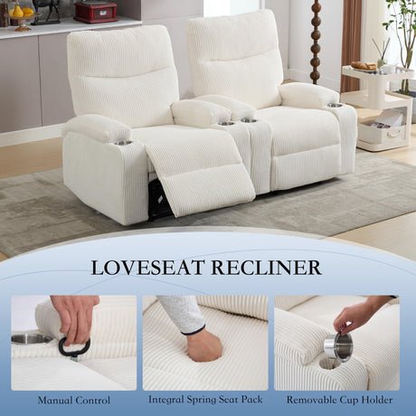 Manual Recliner Chair with Pull Ring, 3 Position 140° Reclining Sofa for Living Room, Nursery, RV, and Office,Oversized Recliner Chairs for Adults(White Corduroy Fabric) AIWOEN