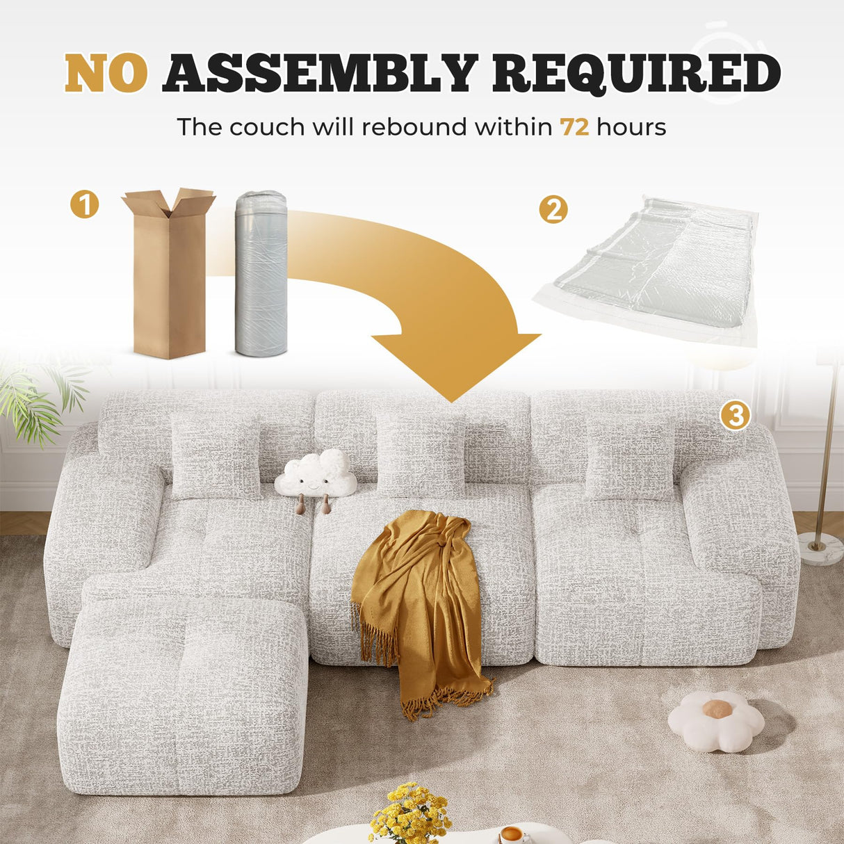 122" Modern L Shaped Modular Sectional Sofa, Boneless Couches for Living Room with Ottoman,4 Seater Convertible Chenille Cloud Couch Sofa Set, No Assembly Required, Beige 1 PCS Luxanimarion