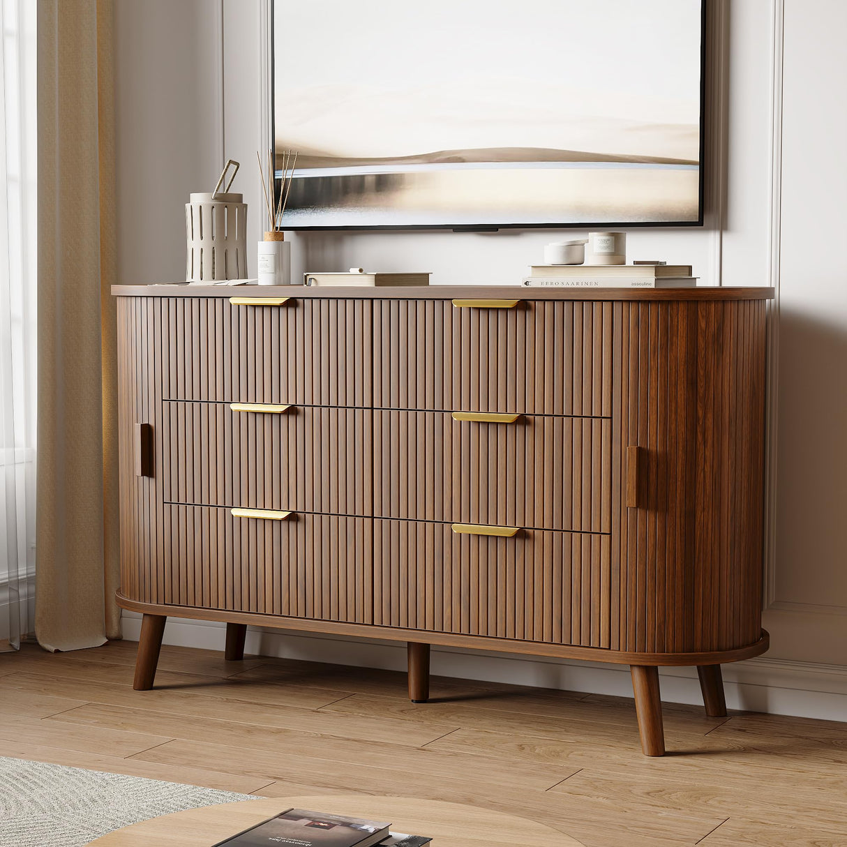 Decofy Fluted 6 Drawers Dresser, 55'' Wide Mid Century Modern Chest of Drawers with Sliding Door & Metal Handles, Curved Profile & Sturdy Legs, Wood TV Stand for Bedroom, Living Room (Walnut) Decofy