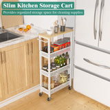 Giwil Slim Rolling Storage Cart 4 Tier Bathroom Organizer Mobile Shelving Unit Utility Cart with Wood Top and Handle for Kitchen Laundry Narrow Places, White Giwil