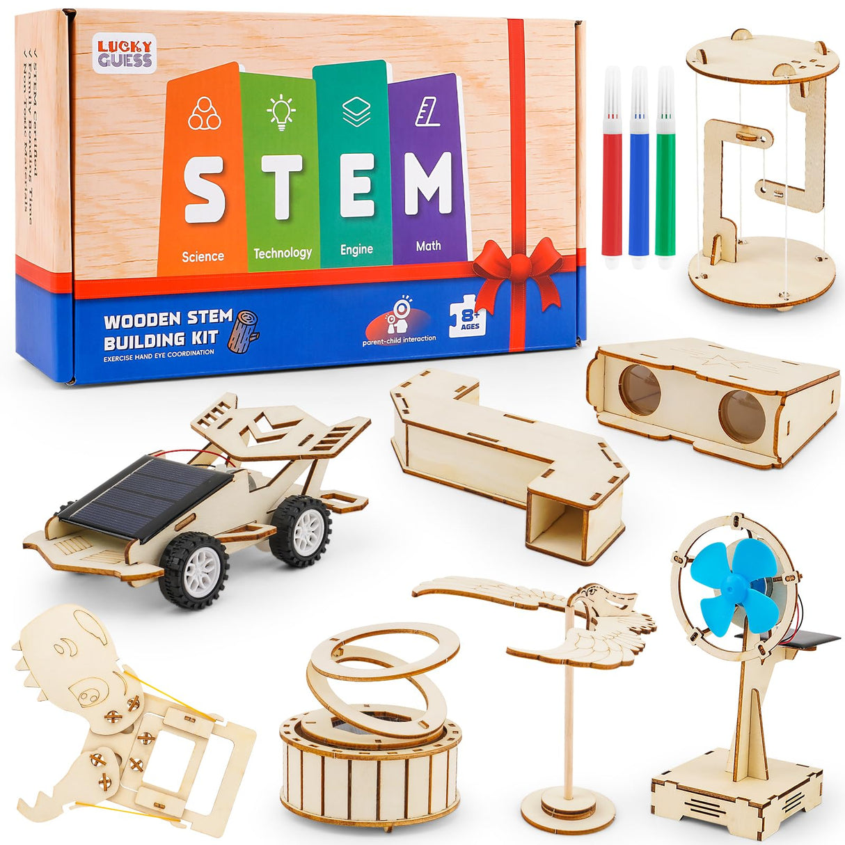 8 in1 STEM Science Kit for Kids Age 8-14, Wooden Physics Experiments & Solar Engineering Kits, Build Solar Car, Anti-Gravity Device, Telescope, Periscope & Dinosaur Claw, Gifts for Boys Girls LUCKY GUESS