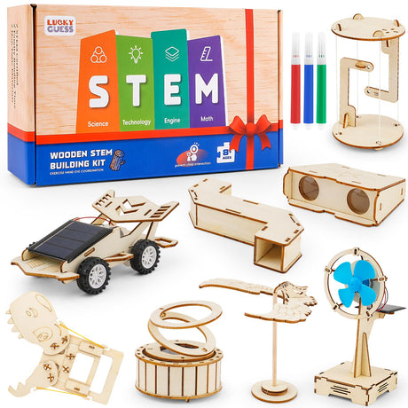 8 in1 STEM Science Kit for Kids Age 8-14, Wooden Physics Experiments & Solar Engineering Kits, Build Solar Car, Anti-Gravity Device, Telescope, Periscope & Dinosaur Claw, Gifts for Boys Girls LUCKY GUESS