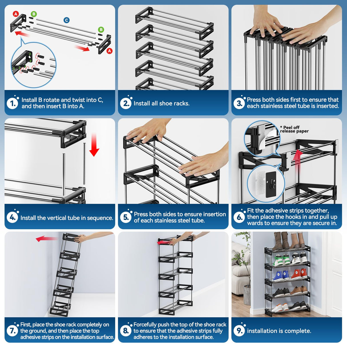 DEYILIAN Free Standing Shoe Racks, 5 Tier Shoe Rack for Entryway Shoe Storage Narrow Shoe Rack Holds 10 Pairs of Shoes with Slanted Space Saving Shoe Shelf Shoe Organizer for Closet Black DEYILIAN