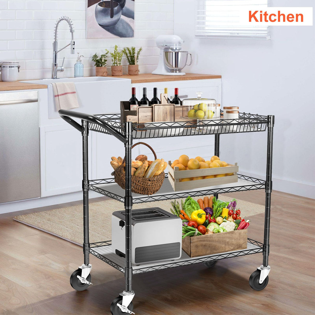BolDuck Heavy Duty Utility Cart on Wheels,990Lbs Capacity 3 Tier Rolling Carts with Wheels,Kitchen Cart on Wheels with Storage,Commercial Grade Metal Serving Cart with Wire Shelving &Handle Bar,Black BolDuck