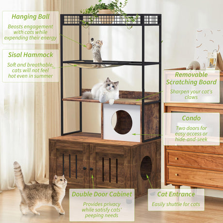 Curtainboro Cat Tree with Litter Box Enclosure, 60'' Wooden Cat House with Storage Shelf, Sisal Hammock, Condo and Play Ball, Hidden Kitty Litter Box Cabinet, Reversible Entrance Curtainboro