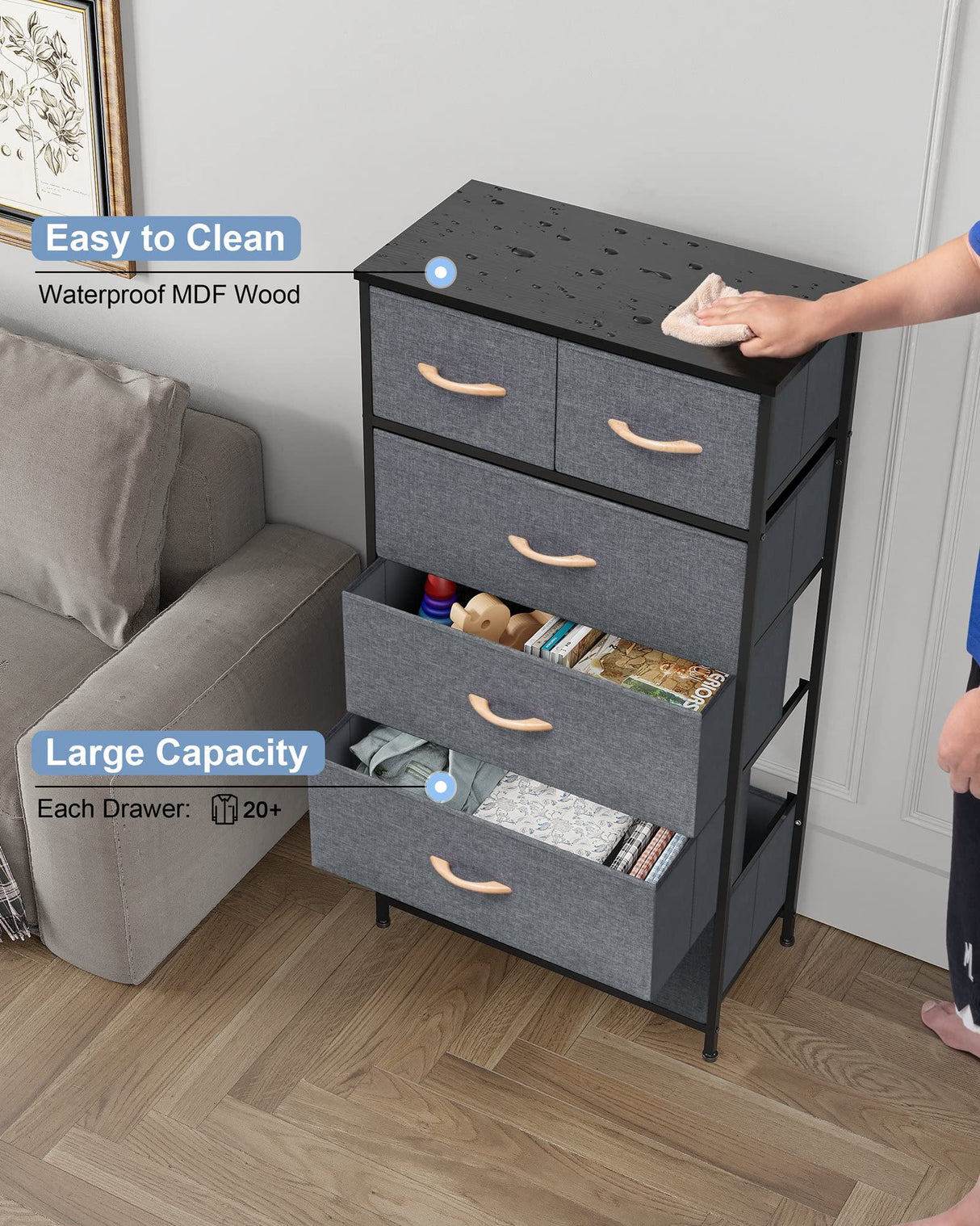 Crestlive Products Vertical Dresser Storage Tower - Sturdy Steel Frame, Wood Top, Easy Pull Fabric Bins, Wood Handles - Organizer Unit for Bedroom, Hallway, Entryway, Closets - 6 Drawers (Gray) Crestlive Products