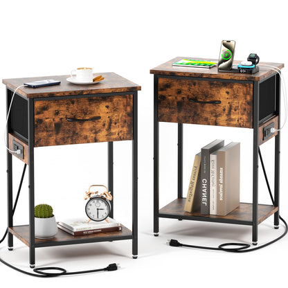 vimiroo Night Stand Set 2, Bedside Tables with Charging Station,Nightstands with Wood Storage,Fabric Drawer, Open Shelf, Metal Frame for Bedroom, Apartment, Guest Room, Living Room, Rustic Brown