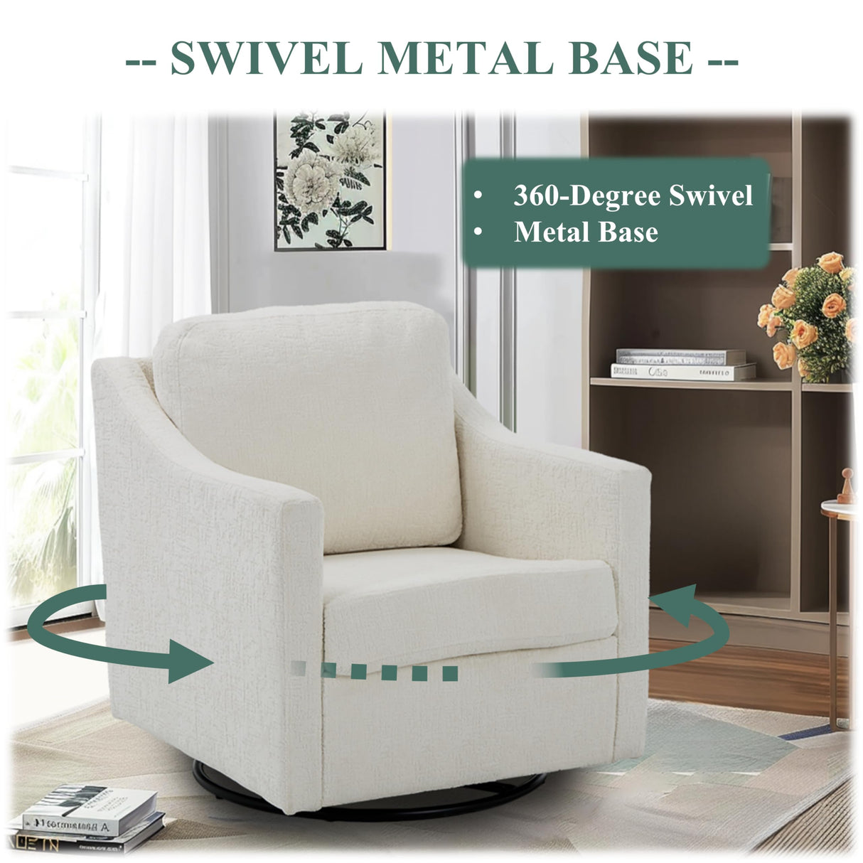 COLAMY Swivel Accent Chair, 360° Rotation Chenille Fabric Upholstered Leisure Armchair with Lumbar Pillow for Living Room Bedroom Home and Office, Beige COLAMY