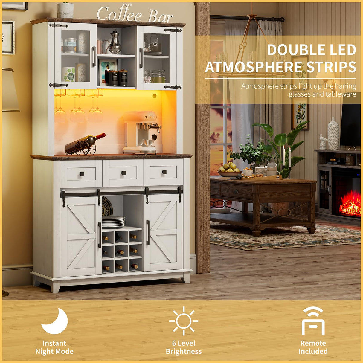 LUXOAK 72" Coffee Bar Wine Cabinet with Sliding Barn Door & LED Lights, Sideboard Buffet Cabinet with Wine Bottle Rack, 3 Drawers, Storage Cabinet for Kitchen, Dining Room, White LUXOAK