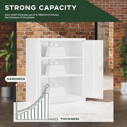 Greenvelly Metal Storage Cabinet, 42” Metal Locking Cabinet with Doors and 2 Adjustable Shelves, Small Steel Cabinet with Lock for Office, Garage, Home, School (White) - WoodArtSupply