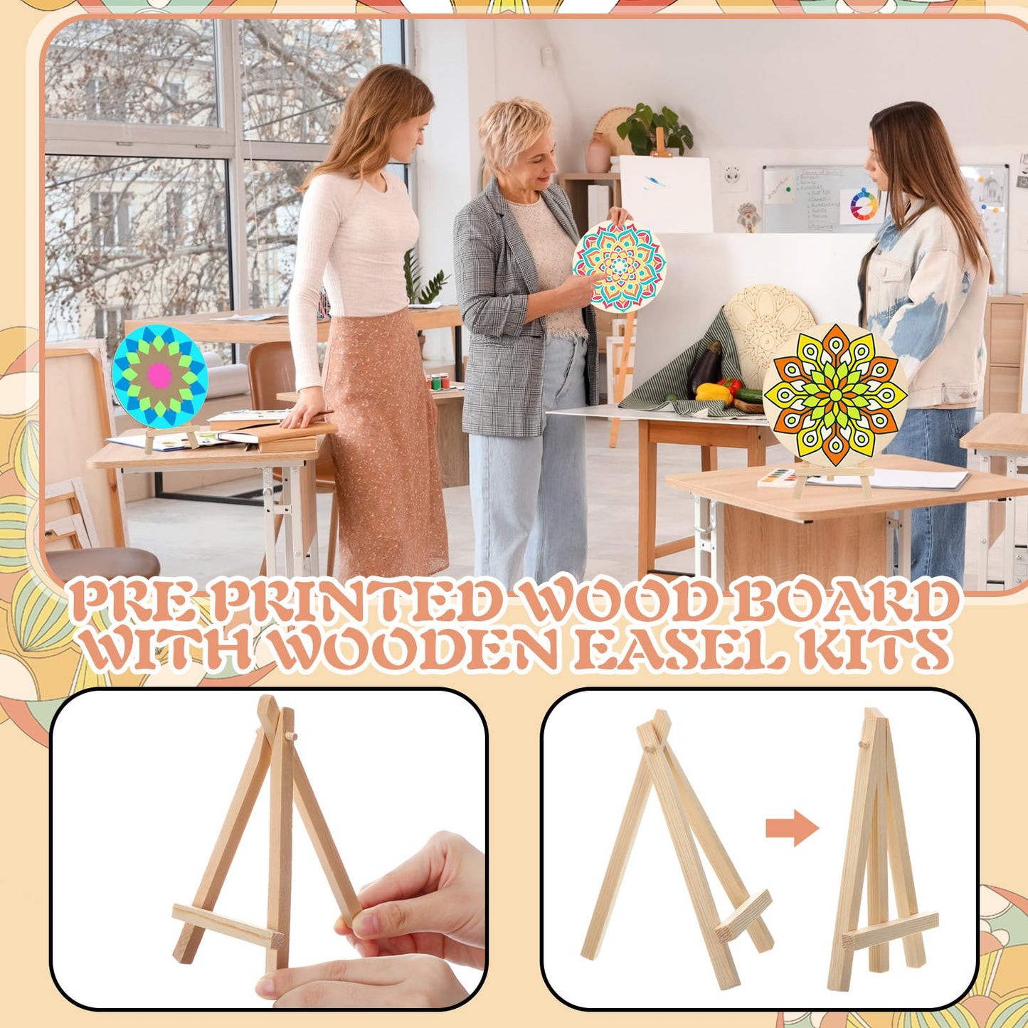 MotiMind 60 Pcs Wooden Mandala Painting Set Mandala Unfinished Wood Cutouts with Wooden Easel Kits Mandala Wood Slices for Adults Beginners Painting, DIY Craft Project, Party Favor Home Decor