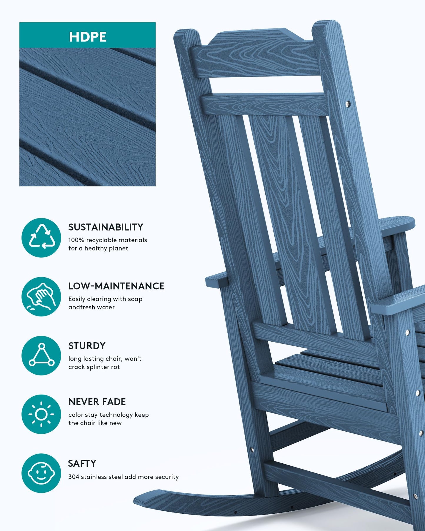 SERWALL Outdoor Rocking Chair, HDPE Poly Rocking Chair for Adults, All Weather Resistant Heavy Duty Front Porch Rocker, Blue - WoodArtSupply