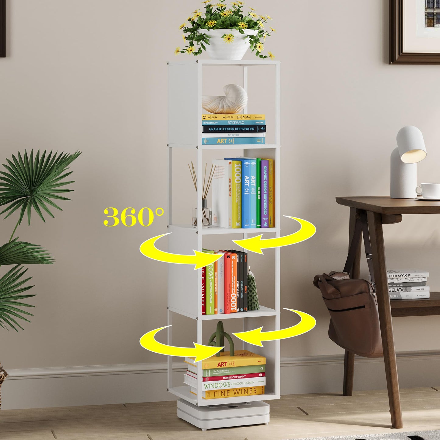 Suchtale 4-Tier Rotating Metal Bookshelf - 360° White Spinning Bookcase for Space-Saving Storage - WoodArtSupply