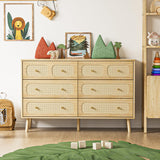 Wananlanen Rattan 6 Drawer Dresser for Bedroom, Wood Boho Double Chest of Drawers with Storage and Gold Handle, Modern Natural Rattan Dresser for Living Room, Kids Bedroom, Hallway, Entryway Wananlanen